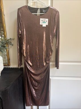 Nina Shimmery Bronze Long-Sleeve Cocktail Dress